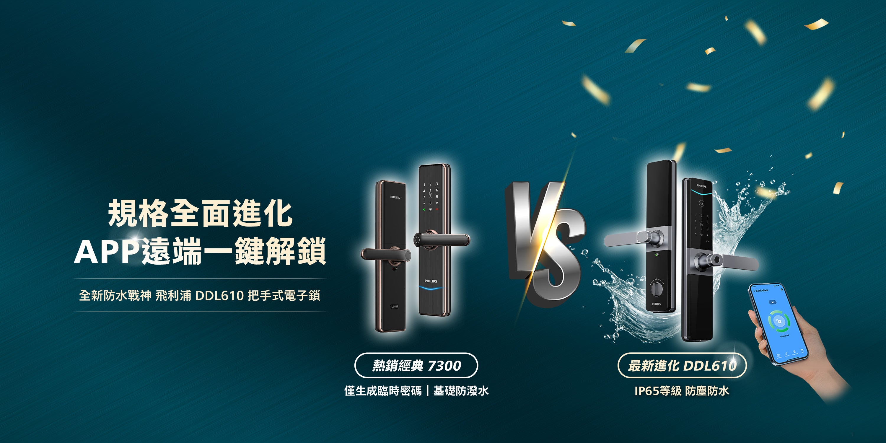規格全面進化，APP遠端一鍵解鎖，DDL610把手式電子鎖，IP65防塵防潑水