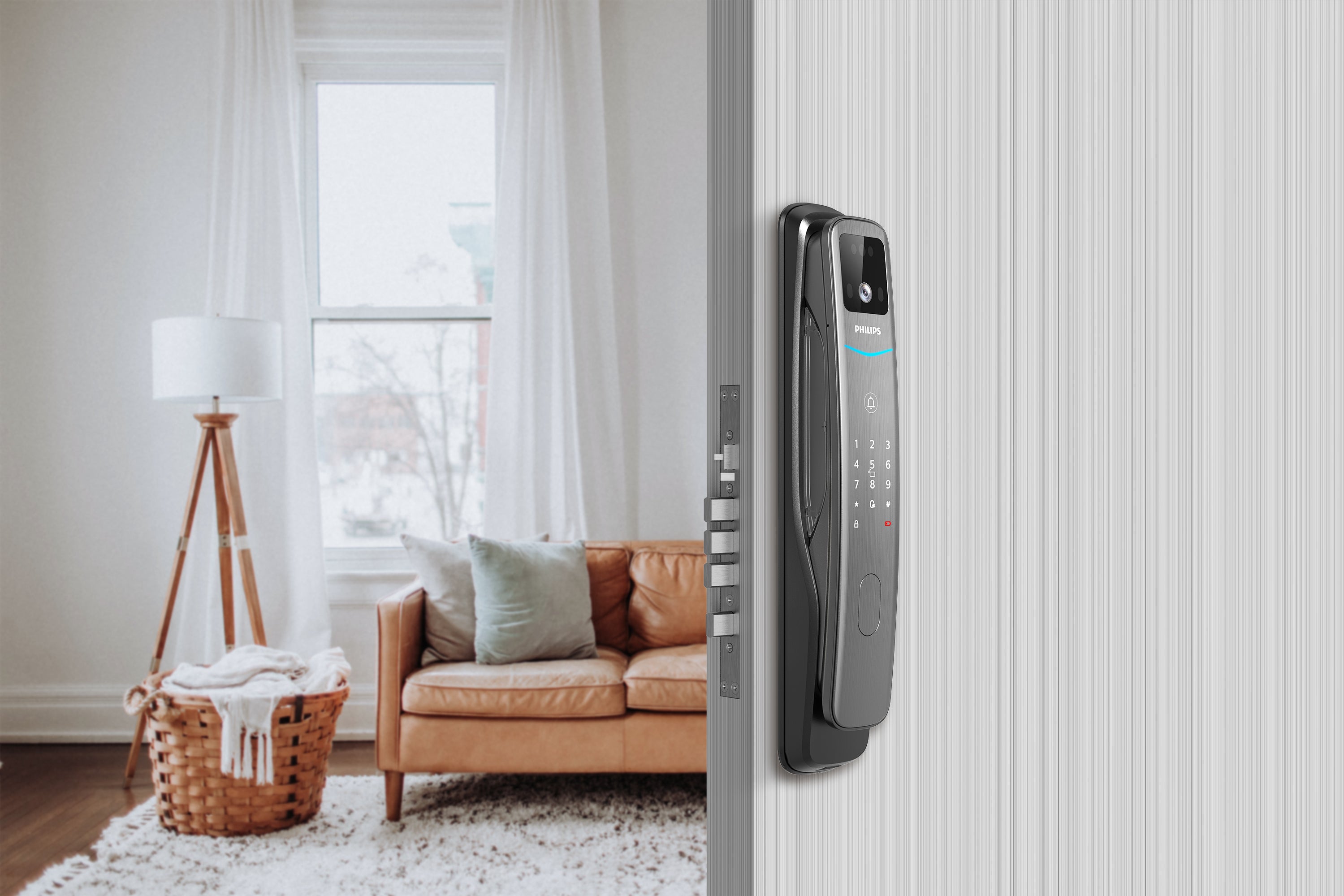 飛利浦 DDL702-FVP 電子鎖側面視角，展示鎖體結構與安裝細節