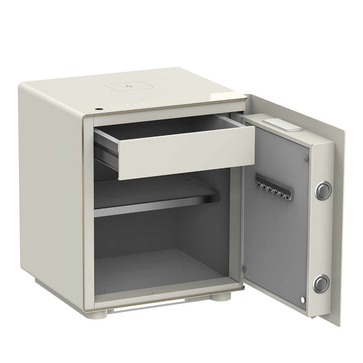 飛利浦 SBX300 床頭櫃保險箱開啟狀態，展示內部收納空間與層板設計